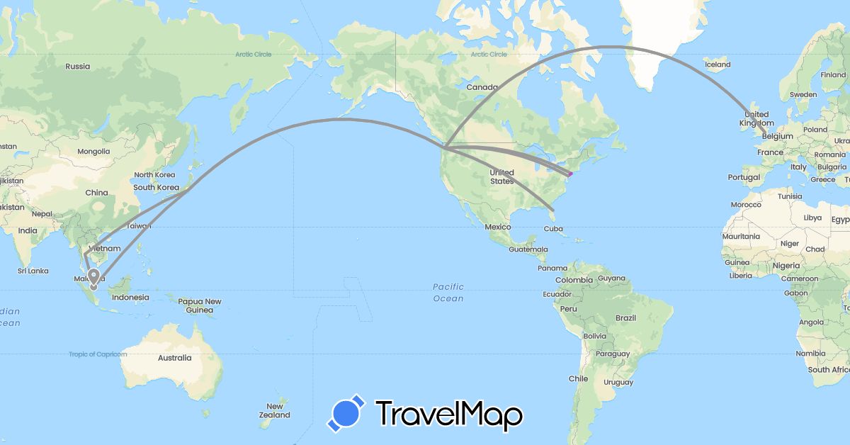 TravelMap itinerary: driving, plane, train in United Kingdom, Japan, Singapore, Thailand, United States (Asia, Europe, North America)
